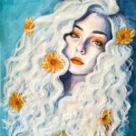 gelbe Blumen, weißes Haar